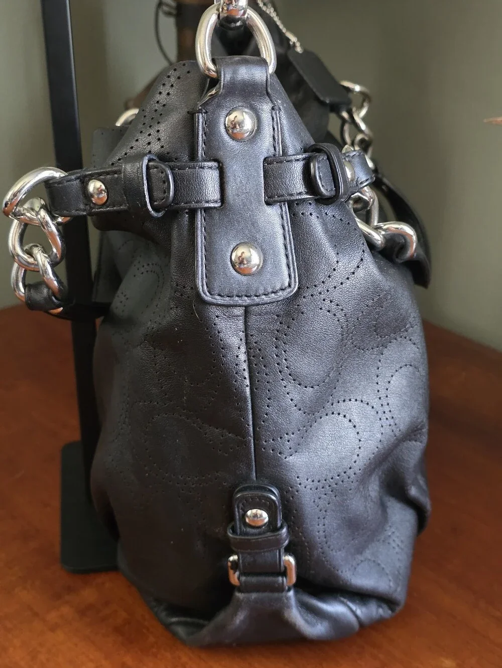 Coach F16908 Brooke Convertible Duffle Black Signature Perforated Leather Bag